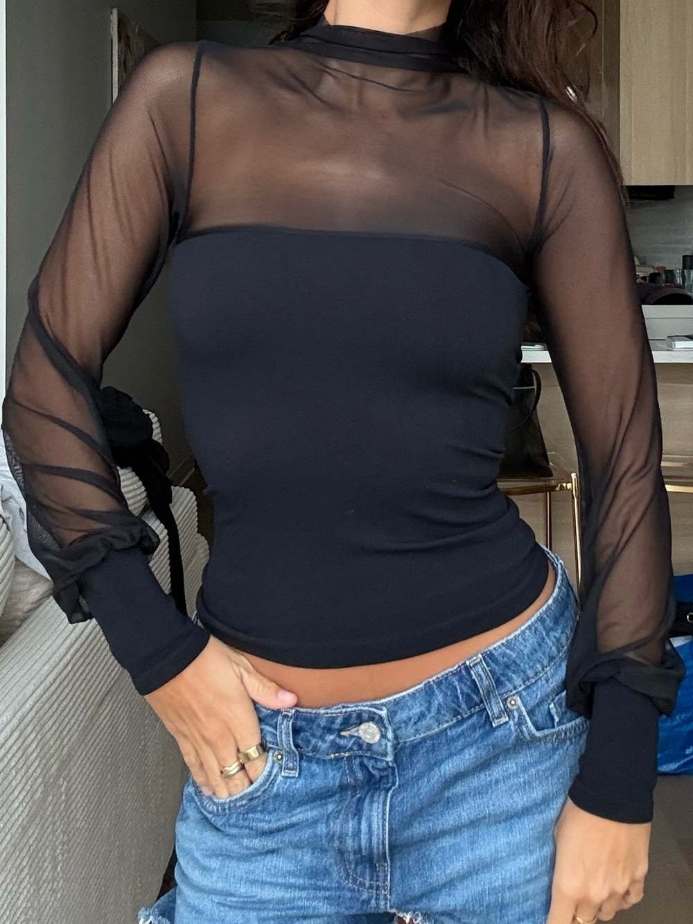 Sheer Mesh Long-Sleeve Black Top